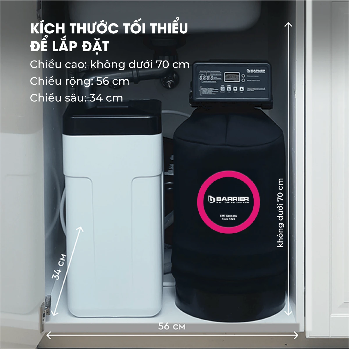 Kích thước tối thiểu để lắp đặt hệ thống lọc nước BWT BARRIER Silker S