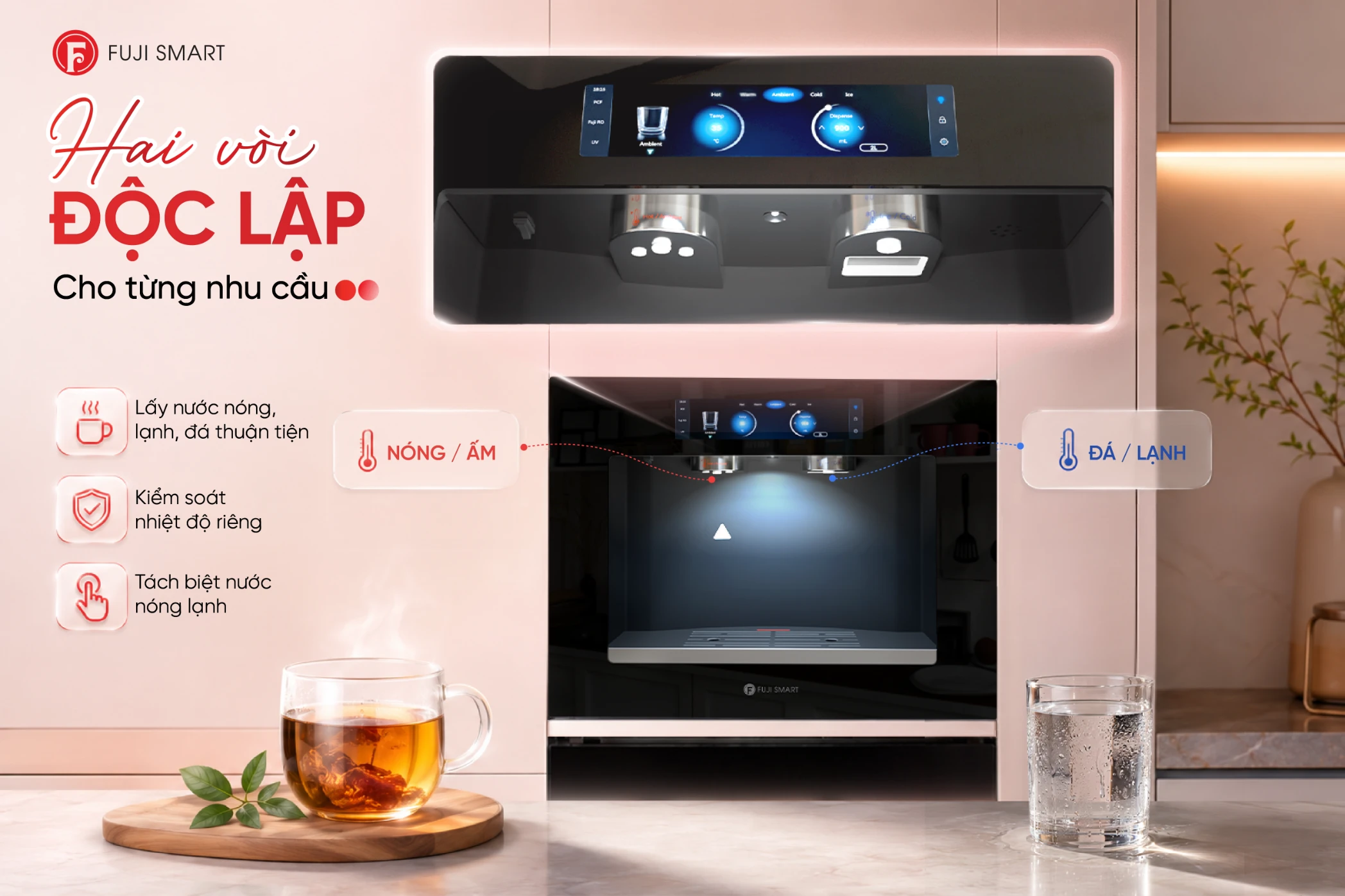 Sự tách biệt giữa hai vòi không chỉ là giải pháp kỹ thuật mà còn là ngôn ngữ thiết kế giúp mặt điều khiển trở nên thoáng đạt, dễ nhìn hơn