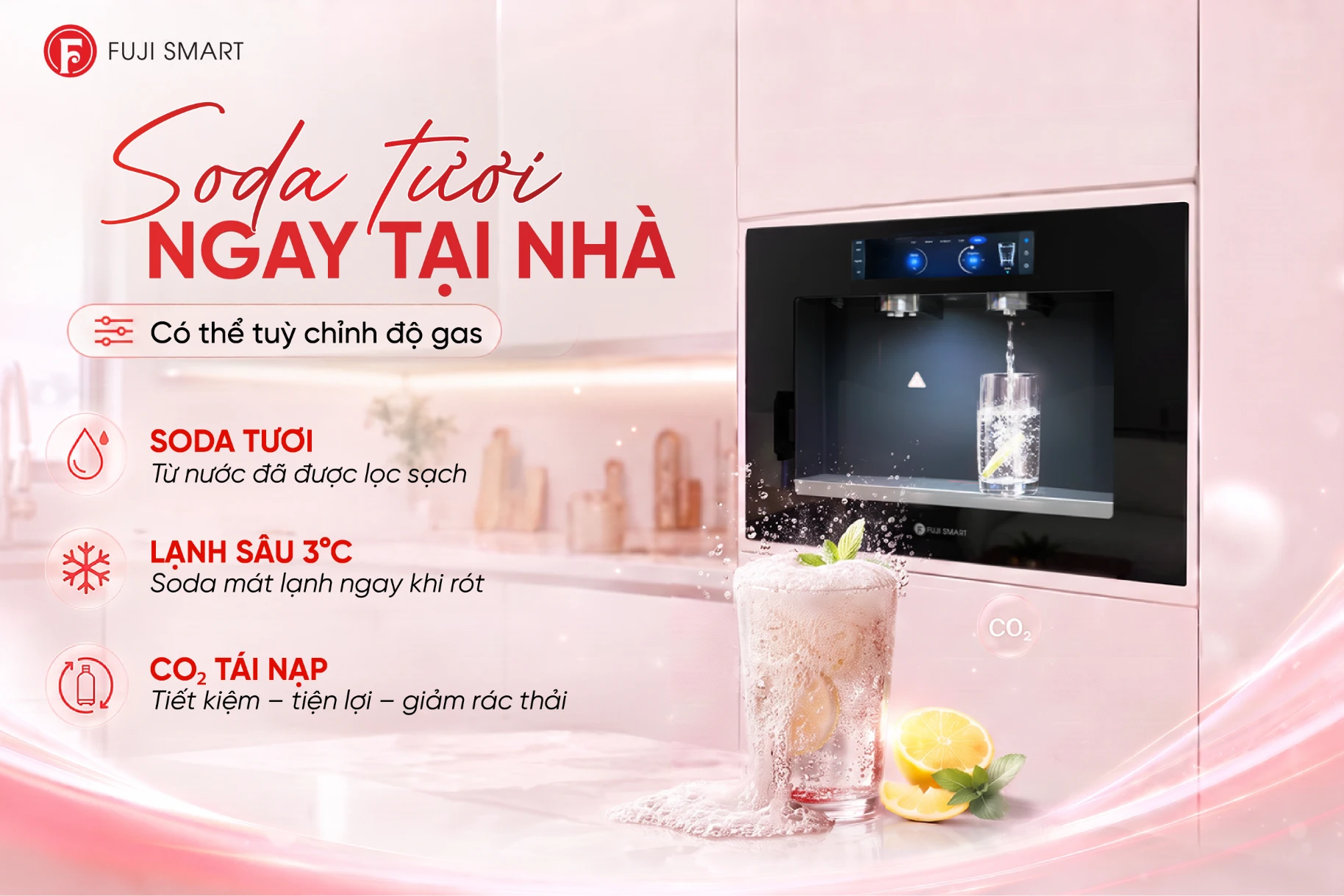 Máy lọc nước âm tường Fuji Smart JAI ở phiên bản Soda nổi bật với khả năng có thể tạo đến 30 loại soda ngay tại nhà
