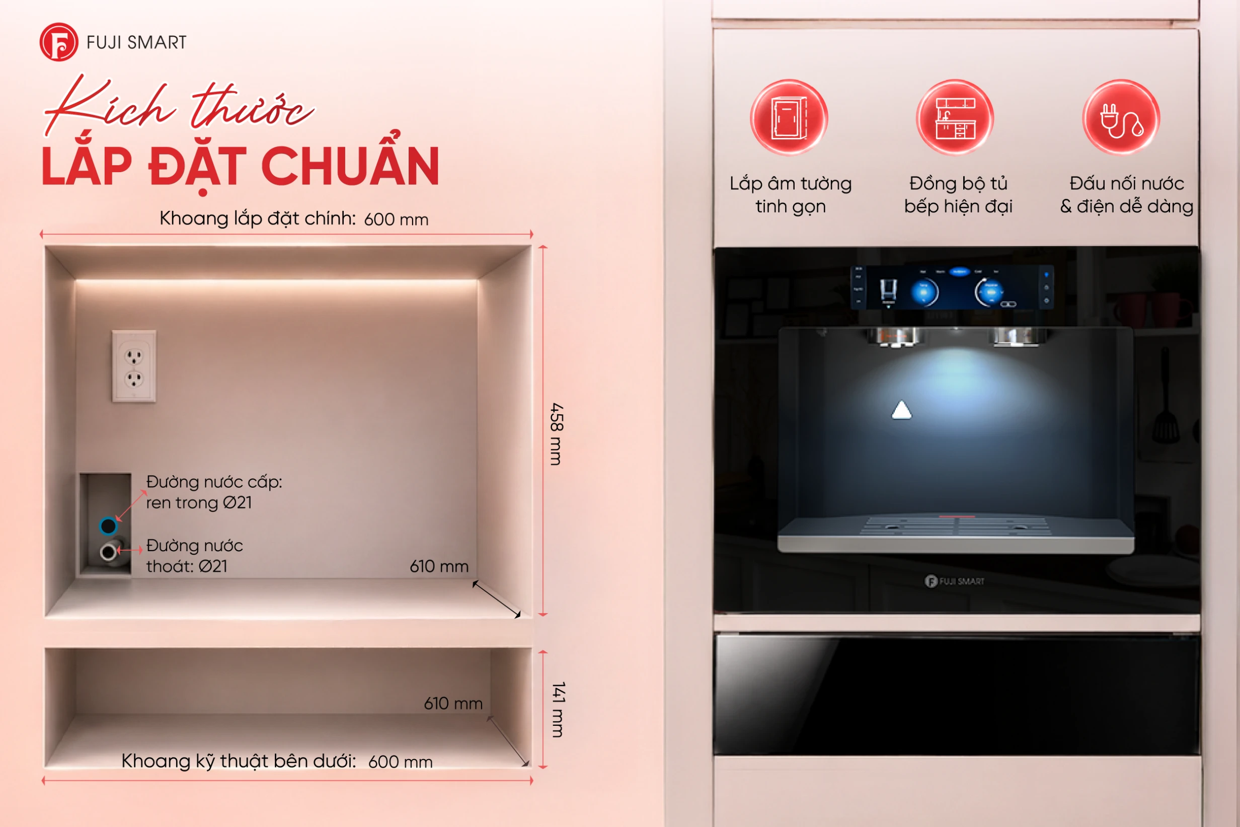 Máy lọc nước âm tường Fuji Smart JAI kết hợp với khay sấy ly tiện dụng trong cùng 1 khoang tủ